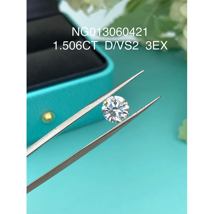 Diamante redondo branco cultivado em laboratório 1,506 ct VS2 D cor