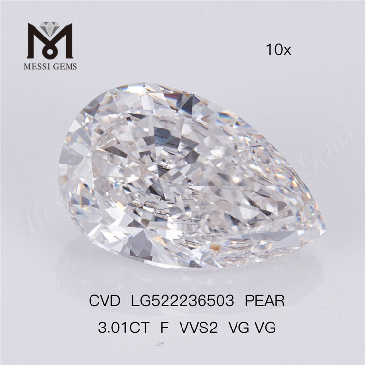 3.01CT F VVS2 VG VG CVD Diamante cultivado em laboratório em forma de pêra 