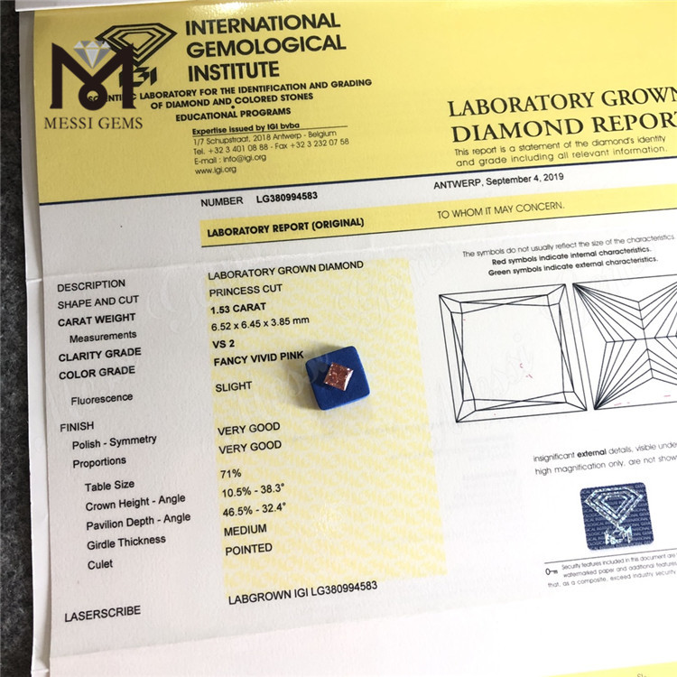 1.53CT FVPINK VS2 SQ diamante de laboratório atacado CVD LG380994583