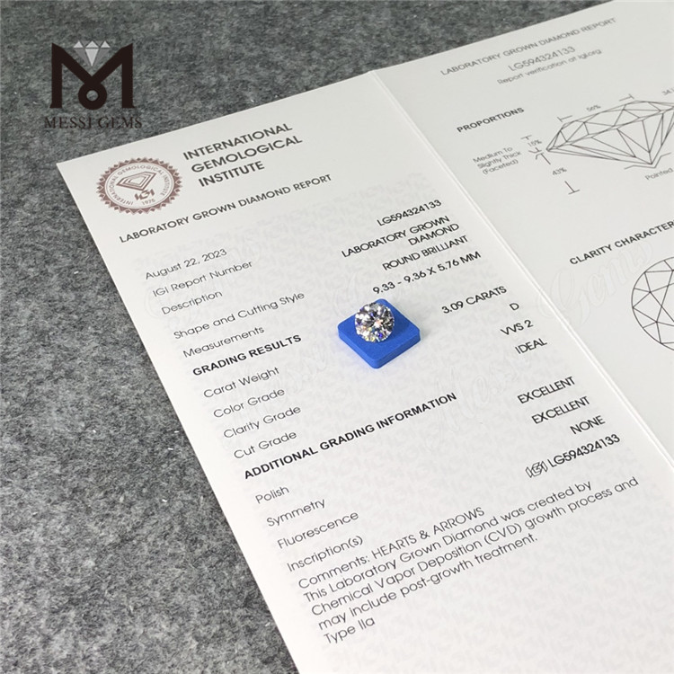 3.09CT D VVS2 ID EX EX CVD Diamantes fabricados de primeira qualidade LG594324133丨Messigems