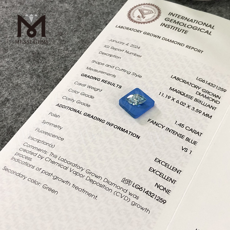 Diamantes cvd 1.45CT MQ FANCY INTENSE BLUE VS1 para venda CVD LG614321259丨Messigems