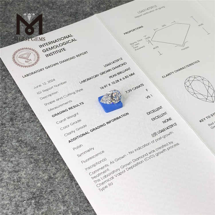 Diamante cultivado em laboratório 7.29CT F Pêra VS1 EX EX CVD LG631472912丨Messigems