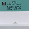 Diamante redondo cultivado em laboratório G/VS1 CVD de 1,03 quilates