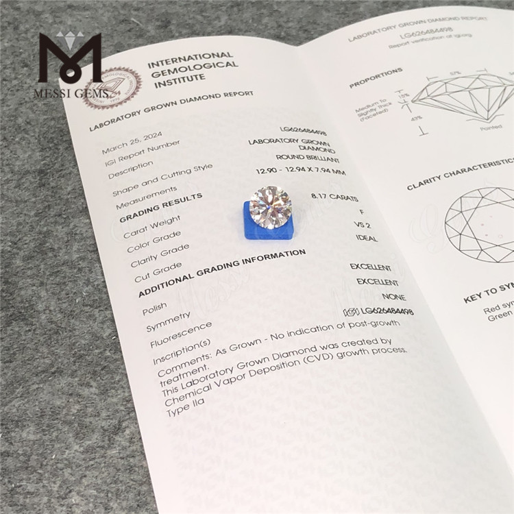 Diamantes redondos certificados IGI 8.17CT F VS2 ID丨Messigems CVD LG626484498 