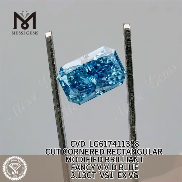 3.13CT VS1 EX VG RETANGULAR FANCY VIVID BLUE CVD IGI laboratório criou diamantes LG617411388丨Messigems