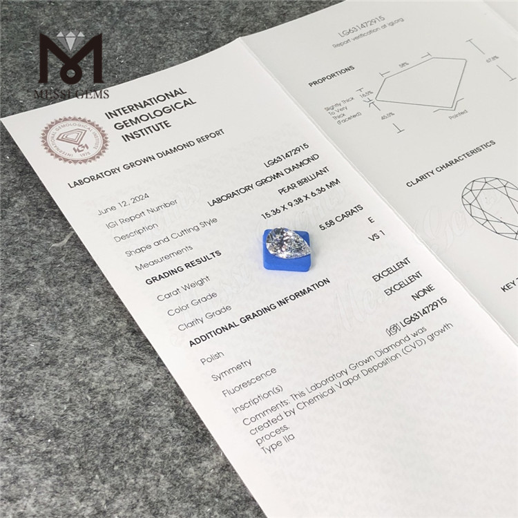 Diamantes sintéticos 5.58CT E PEAR VS1 IGI LG631472915丨Messigems