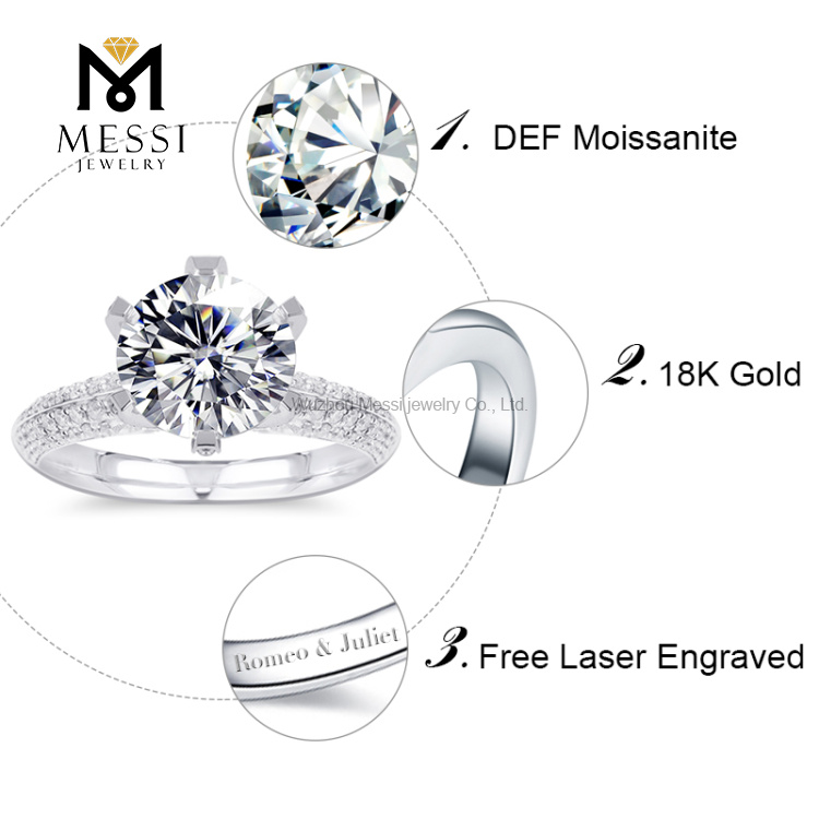Anel de ouro moissanite fashion personalizado de casamento em ouro branco de 2 quilates