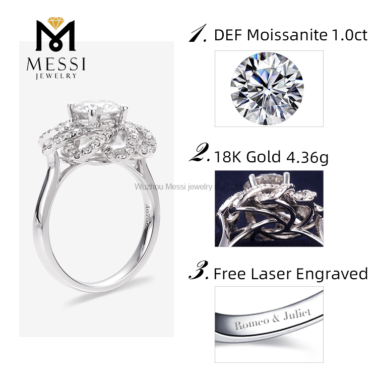 anel de casamento de flor de diamante de moissanite de ouro branco 18k real de 1 quilate 
