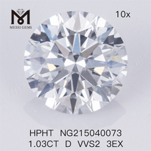 Pedra de diamante cultivada em laboratório 1,03CT RD HPHT D VVS2 3EX