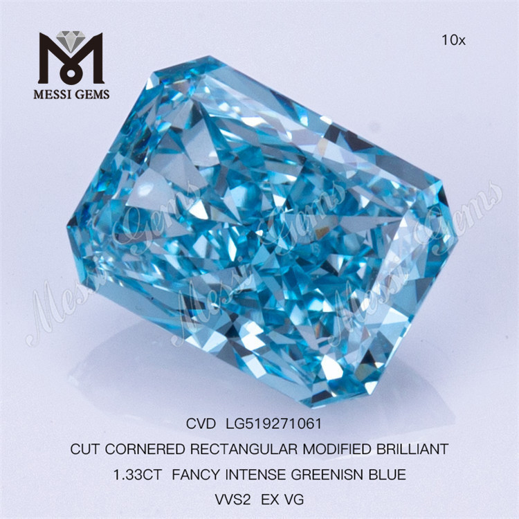 1.33CT FANCY INTENSE GREENISN BLUE VVS2 EX VG RETANGULAR diamante cultivado em laboratório CVD LG519271061 