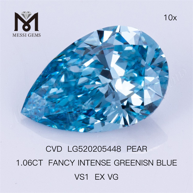 1,06 ct PEAR FANTY INTENSE GREENISN BLUE VS1 EX VG laboratório diamante CVD LG520205448