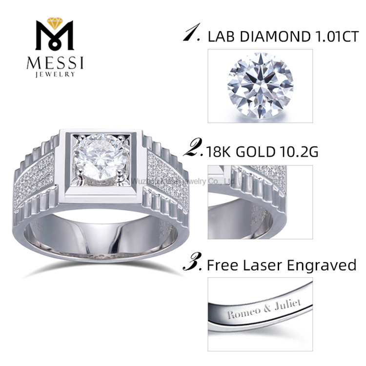 Diamante cultivado em laboratório de 1,01 quilates, 10,2 g, ouro branco 14k, anéis de ouro masculinos, símbolos de força e refinamento