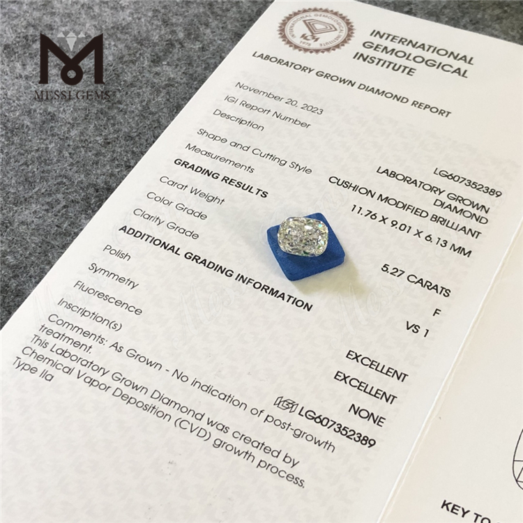 Almofada 5.27CT F VS1 CVD Diamante Solto IGI Certificada Elegância Sustentável丨Messigems CVD LG607352389