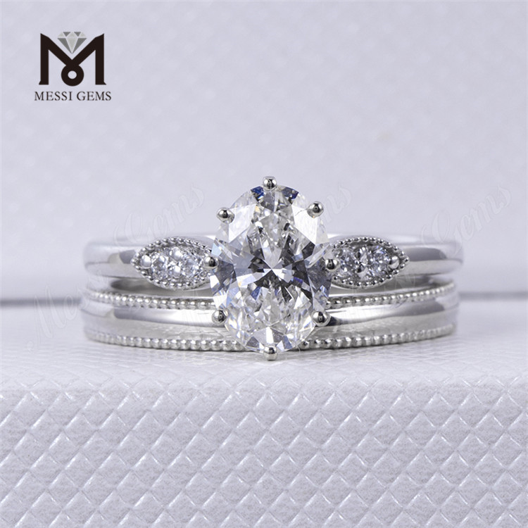 Anéis de noivado ovais de ouro branco 18k estilo clássico com diamante cultivado em laboratório de três pedras