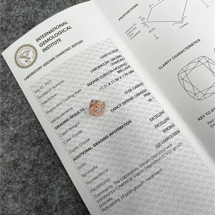 10,06 CT VS1 FANTÁSTICO INTENSO ROSA LARANJA CVD CU EX EX Diamante rosa artificial