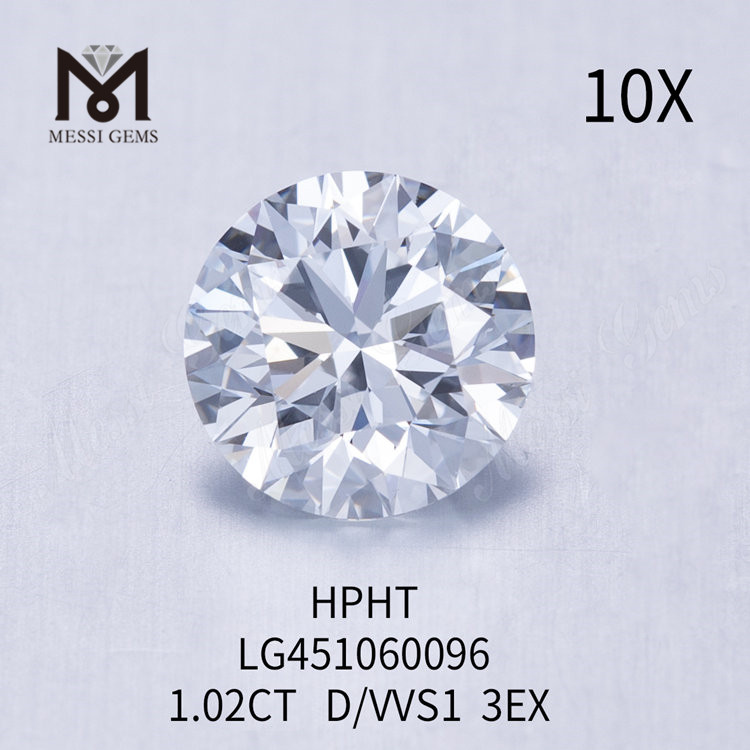 1,02 quilates D VVS1 Round EX Cut Grade diamante cultivado em laboratório HPHT