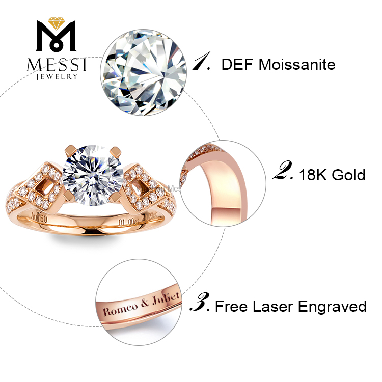 Jóias de ouro rosa 18K DEF Moissanite 1 quilate anel de noivado