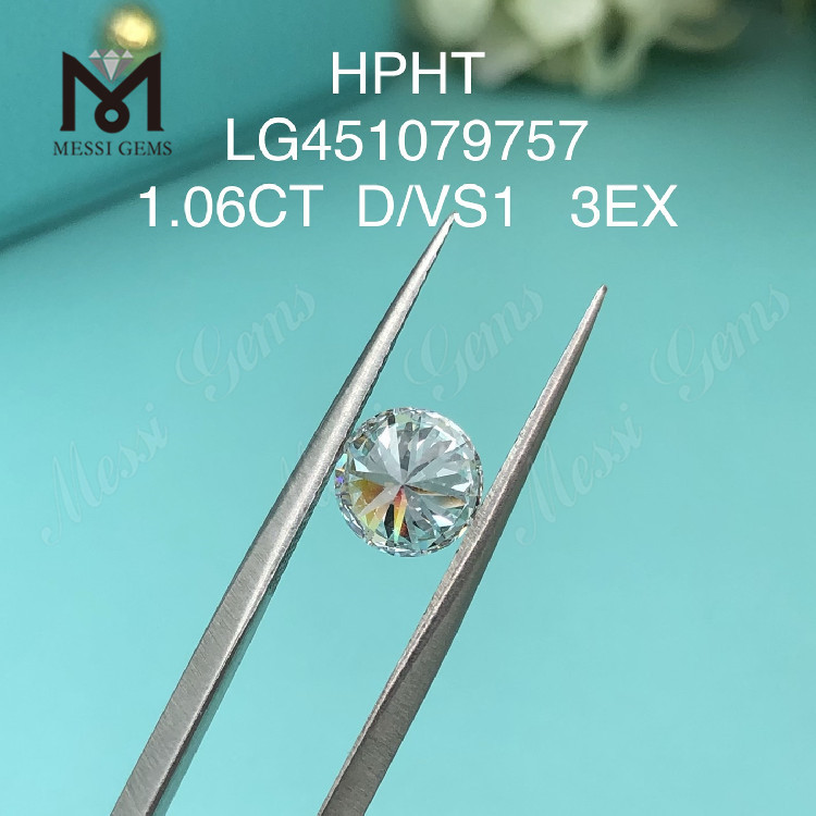 Diamantes de laboratório de grau de corte HPHT D VS1 RD EX de 1,06 ct