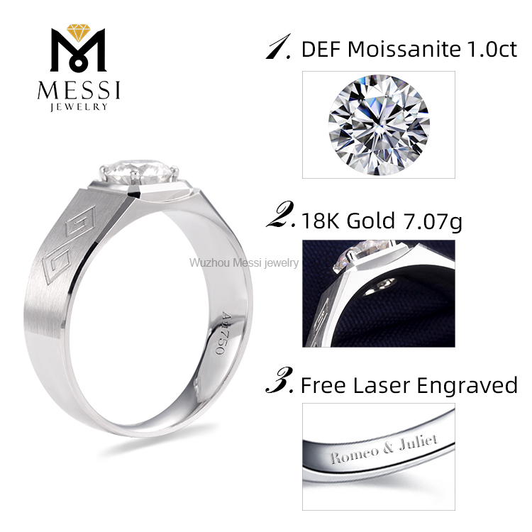 anel masculino moissanite moda ouro branco de 1 quilates