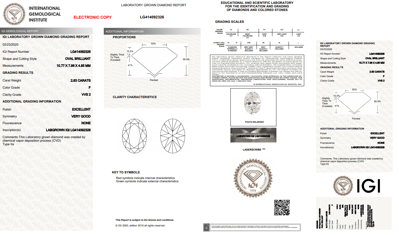 Atacado diamante hpht com certificado IGI 2,63 ct F VVS2 preço de diamante cultivado em laboratório por quilate