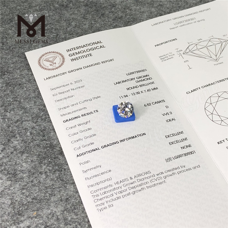 6.52CT D VVS2 ID EX EX CVD diamantes cultivados em laboratório Sua fonte para compra em massa LG597359301丨Messigems