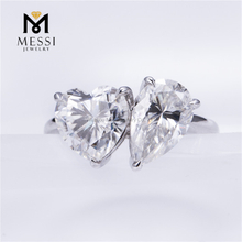 Anéis de diamante de laboratório de pera com coração de 3 quilates em ouro branco 14K com design contemporâneo