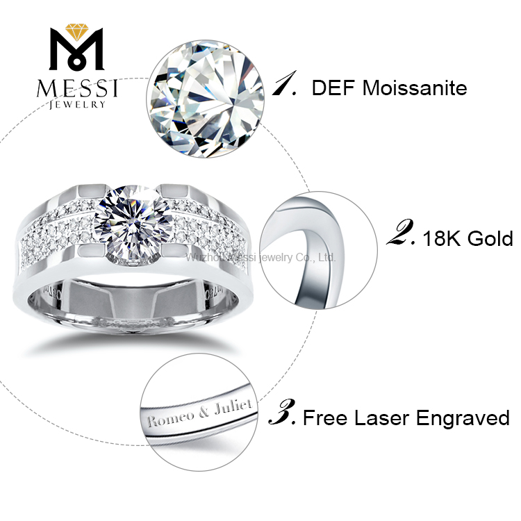 Anel de noivado de ouro branco 14k 18k DEF moissanite com diamantes para homens