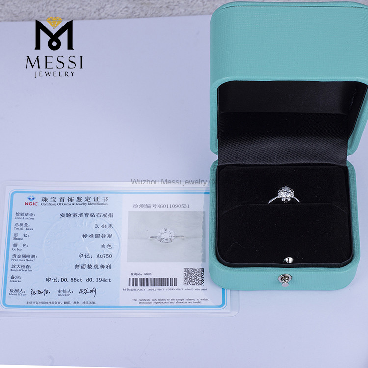 ouro branco 18k 0,56 quilates D VVS2 anel de diamante de laboratório platina anel de diamante feito pelo homem