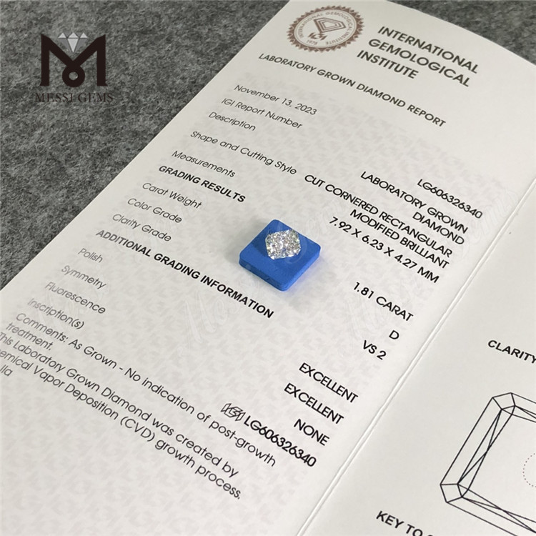 1.81CT D VS2 EX EX CVD RETANGULAR igi diamante Compre nossa coleção丨Messigems LG606326340