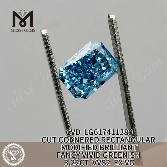3.22CT RETANGULAR CORTE FANCY VÍVIDO AZUL ESVERDEADO VVS2 EX VG CVD Lab diamante LG617411389丨Messigems