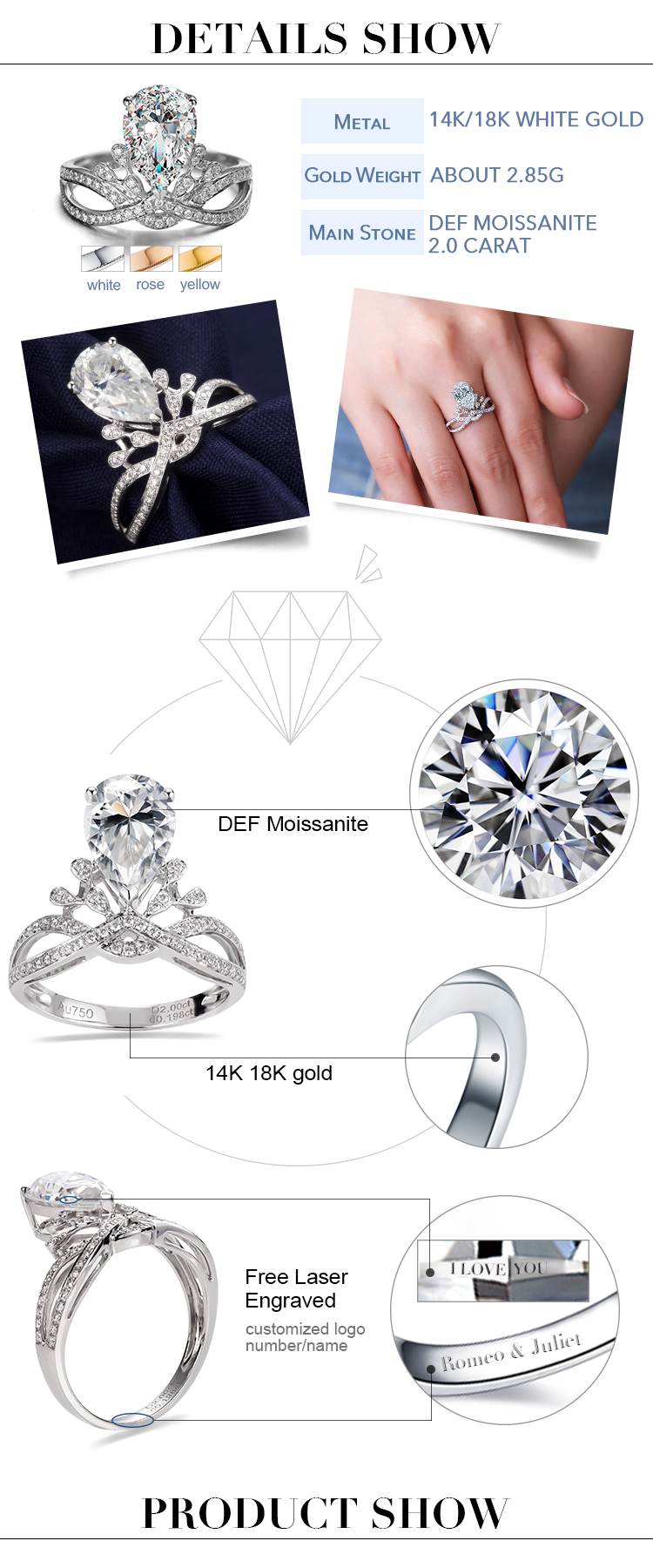 detalhes do anel de ouro moissanite