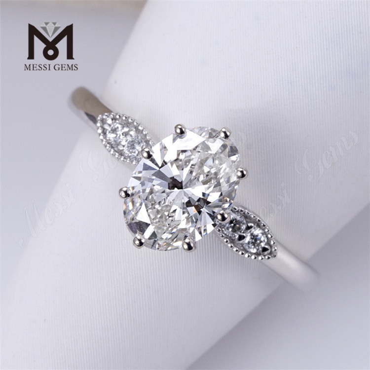 Anéis de noivado ovais de ouro branco 18k estilo clássico com diamante cultivado em laboratório de três pedras