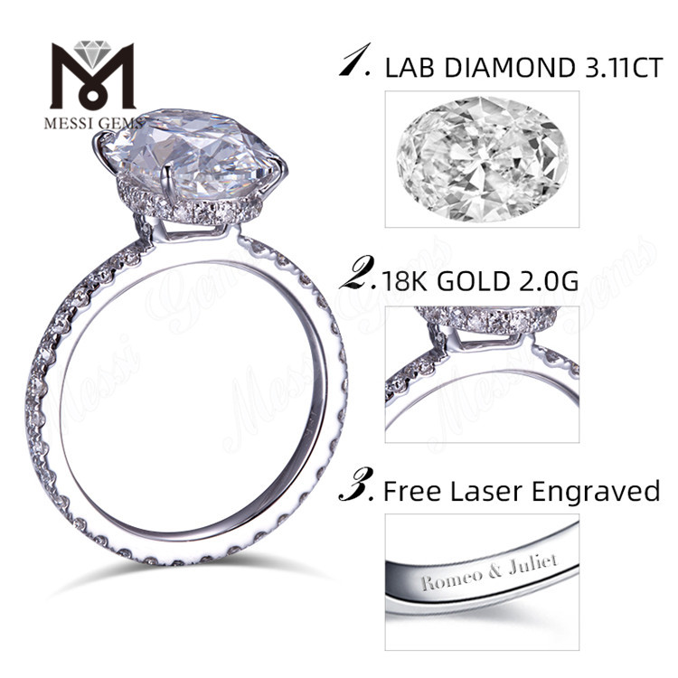 Anéis de noivado ovais de 3,11 quilates ouro branco 18 quilates anel de diamante cultivado em laboratório de 2 g