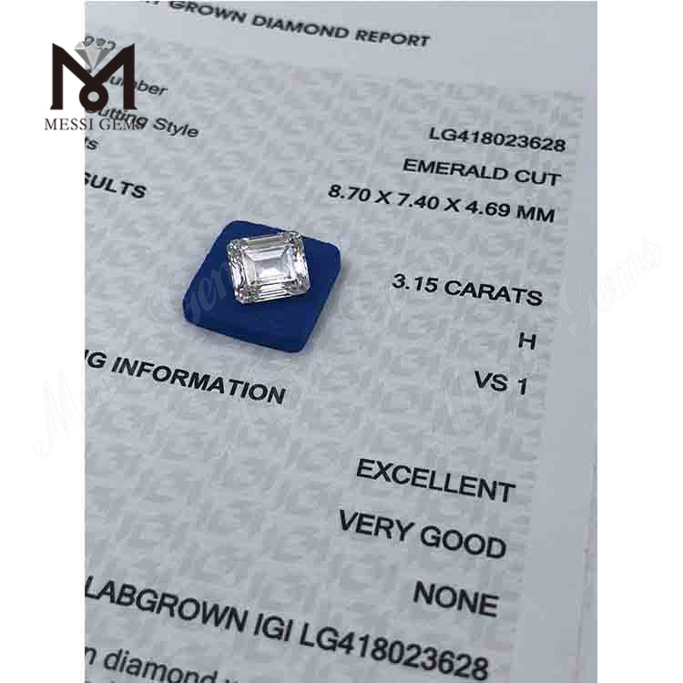 Diamante de laboratório com corte esmeralda 3,15CT H/VS1 EX VG