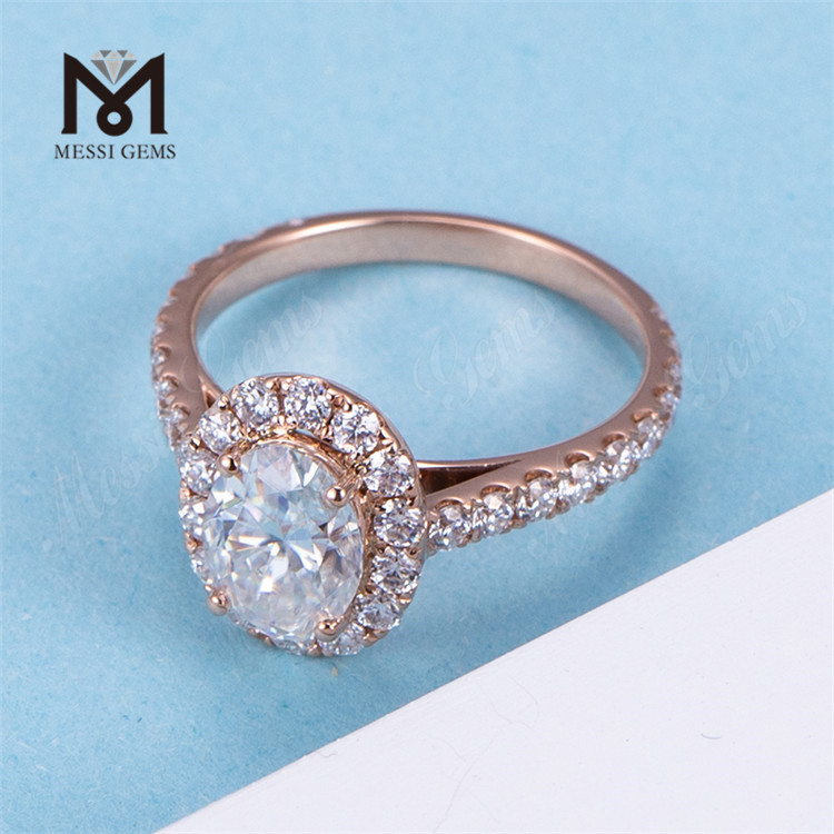 anel de noivado de diamante oval estilo halo de ouro rosa 14k 2 quilates moda