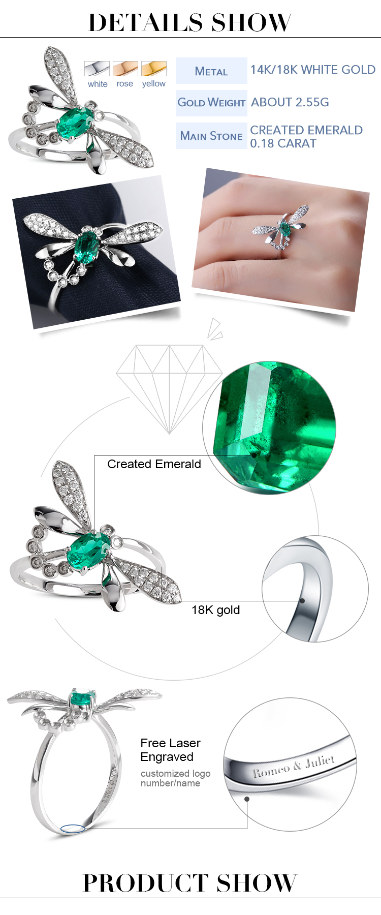 Detalhes de anéis de ouro esmeralda