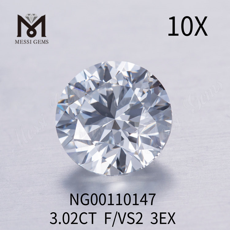 Diamantes redondos cultivados em laboratório de 3,02 ct F VS2 para venda