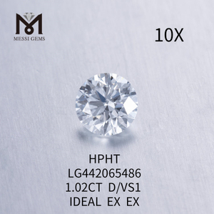 Diamantes redondos cultivados em laboratório certificados D VS1 de 1,02 quilates IDEAL