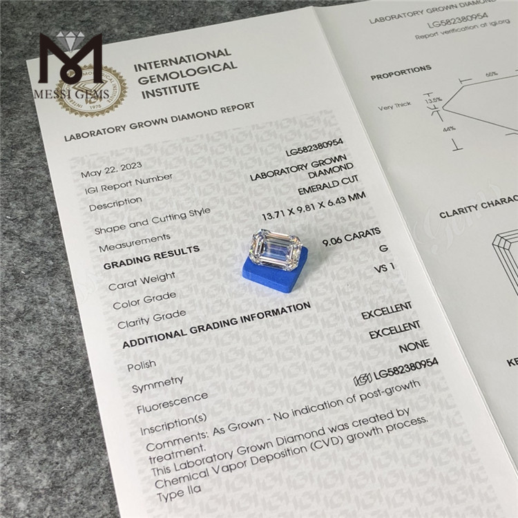 9.06CT G VS1 EM corte EX EX esmeralda laboratório criado diamante CVD LG582380954