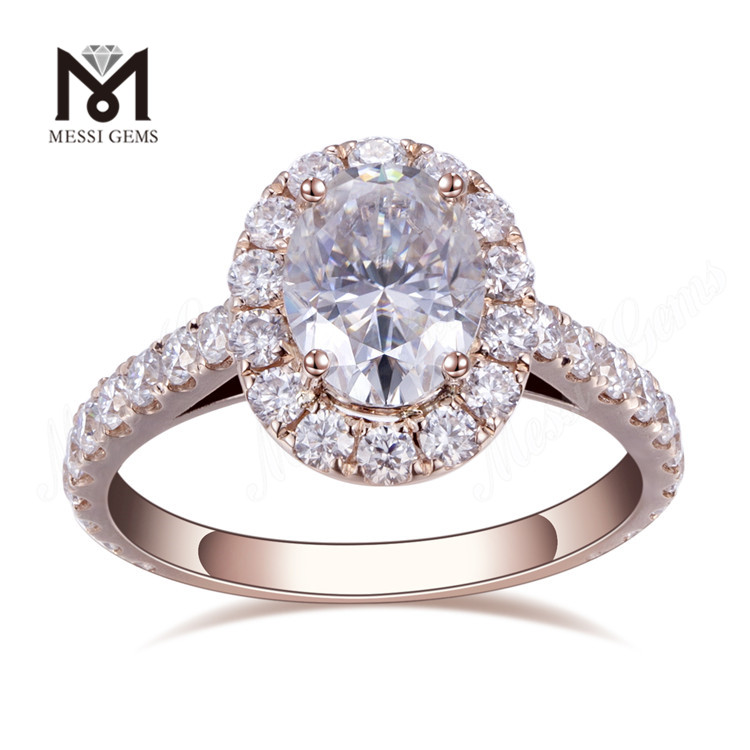 anel de noivado de diamante oval estilo halo de ouro rosa 14k 2 quilates moda